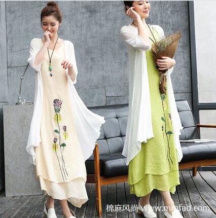 時尚文藝棉麻連衣裙兩件套亞麻女裝寬松印花中長款