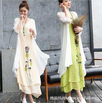 時尚文藝棉麻連衣裙兩件套亞麻女裝寬松印花中長款