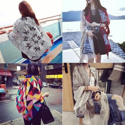 女士長方形圍巾海邊防曬加大披肩棉麻民族風圍巾兩用