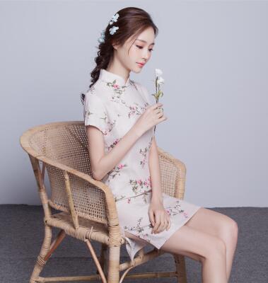 改良時尚短款棉麻連衣裙少女小清新